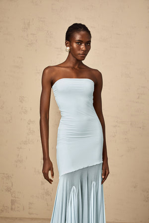 Aurohaya Josiane Blue Off-shoulder Sheer Tulle Maxi Dress