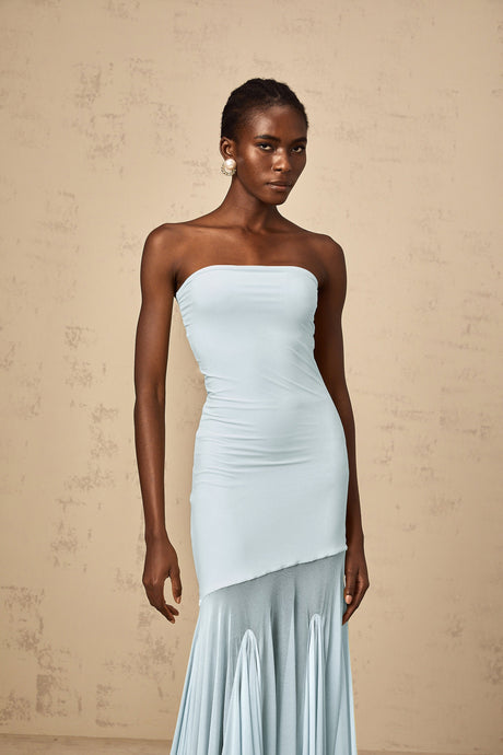 Aurohaya Josiane Blue Off-shoulder Sheer Tulle Maxi Dress