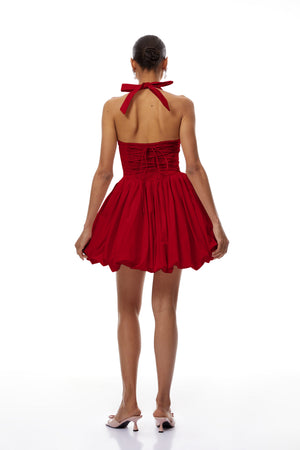Aurohaya Anaelle Red Shirred Puffball Mini Dress