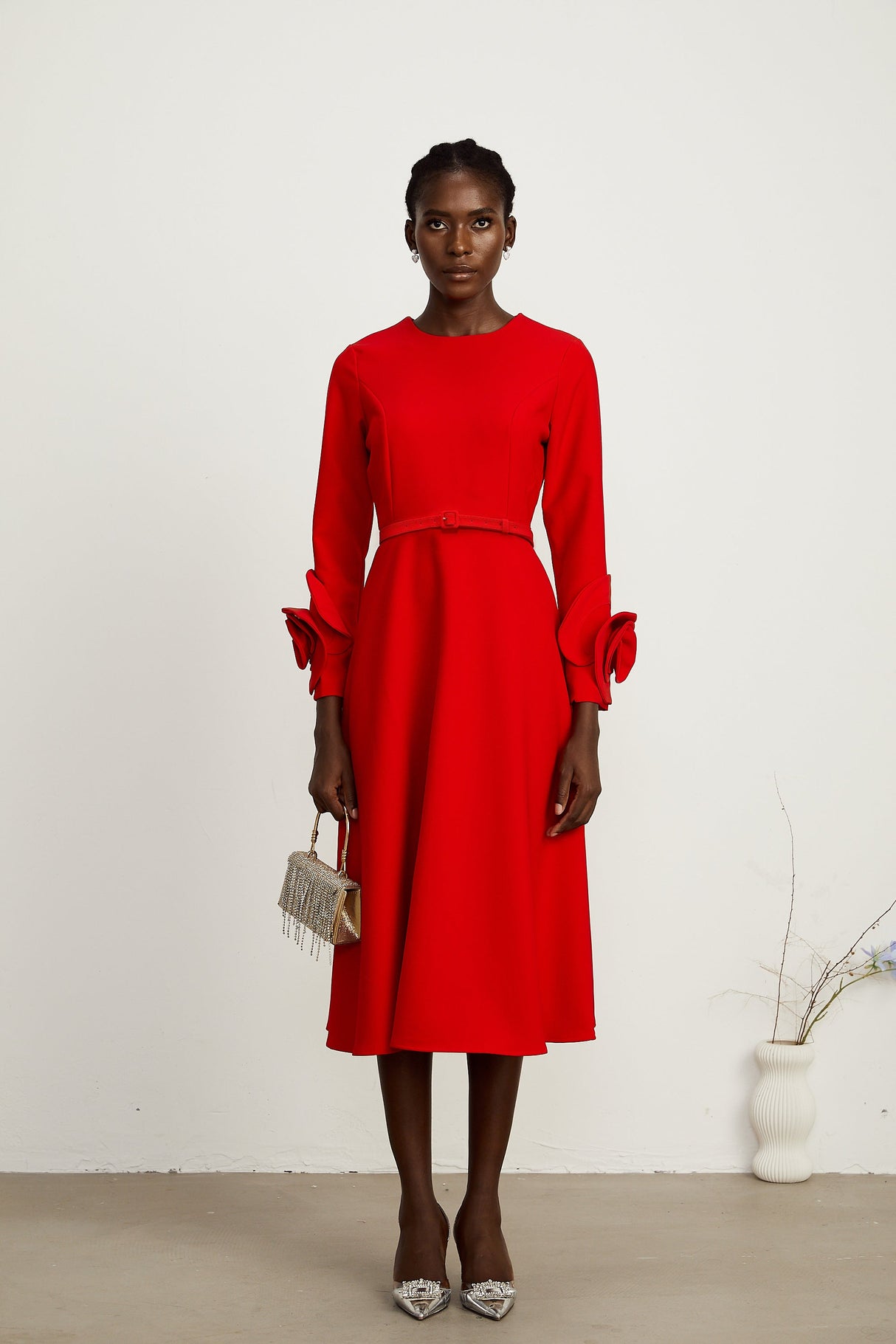 Aurohaya Elysia floral-embellished red long-sleeve dress