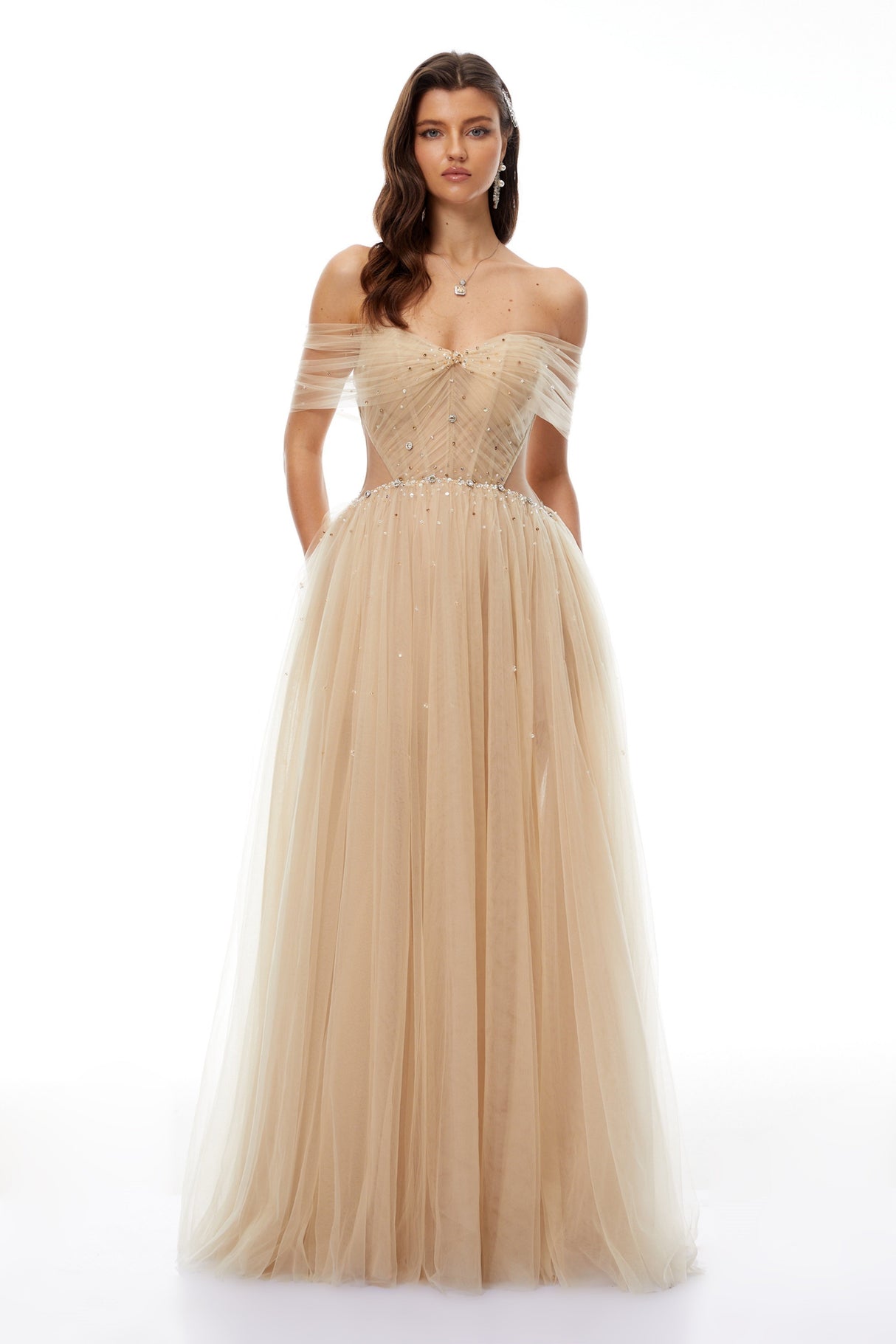 Aurohaya Georgia Neutral Embellished Tulle Maxi Gown