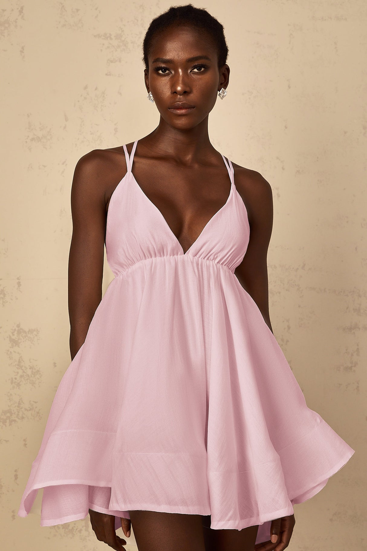 Aurohaya Quincie Pink Shirred Flounced Mini Dress