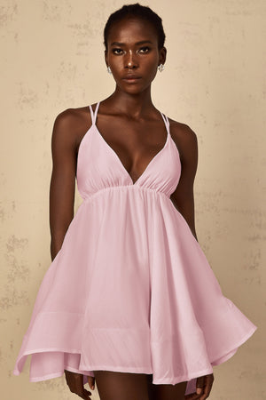 Aurohaya Quincie Pink Shirred Flounced Mini Dress
