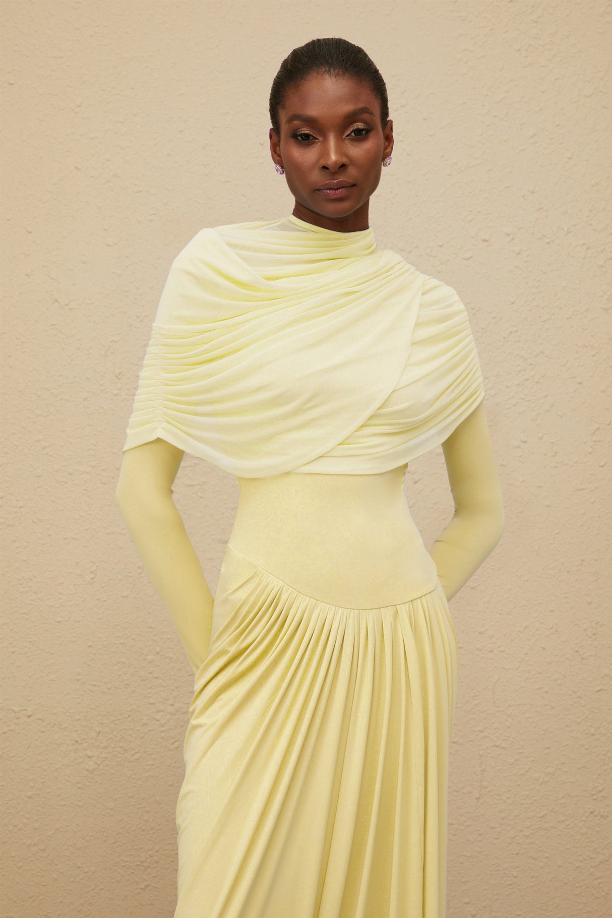 Aurohaya Catherine Yellow Asymmetrical Pleated Long-Sleeve Maxi Dress