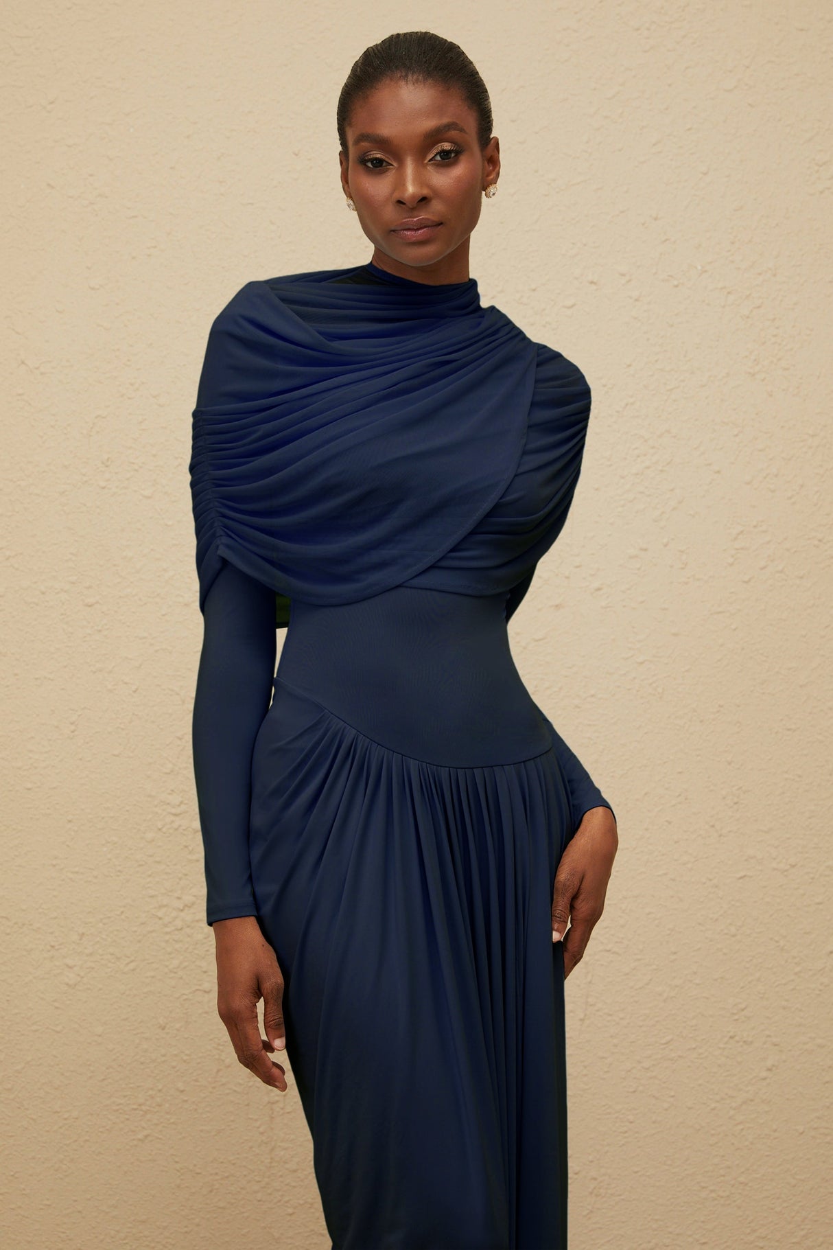 Aurohaya Catherine Navy-Blue Asymmetrical Pleated Long-Sleeve Maxi Dress