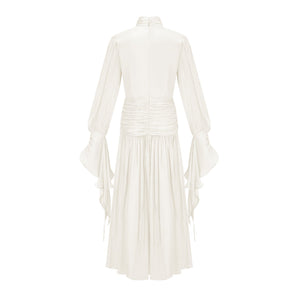 Aurohaya Sarolta Neutral Glossy Ruched Maxi Dress