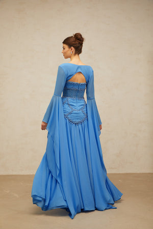 Aurohaya Gaëlle Blue Faux-pearl-embellished Pleated Maxi Dress