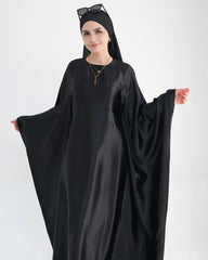 Wrinkled Satin Black Butterfly Abaya Dress