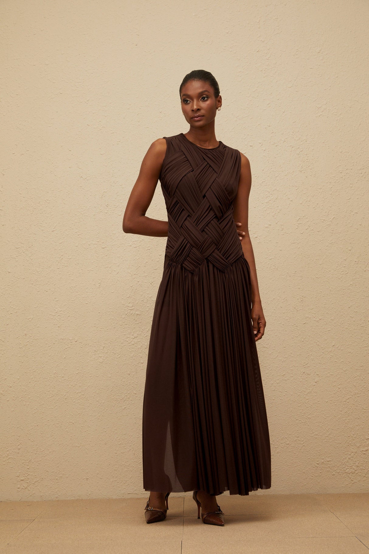 Aurohaya Daphné Brown Asymmetrical Braided Tulle Midi Dress