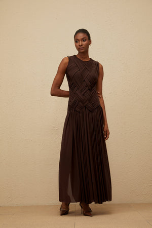 Aurohaya Daphné Brown Asymmetrical Braided Tulle Midi Dress