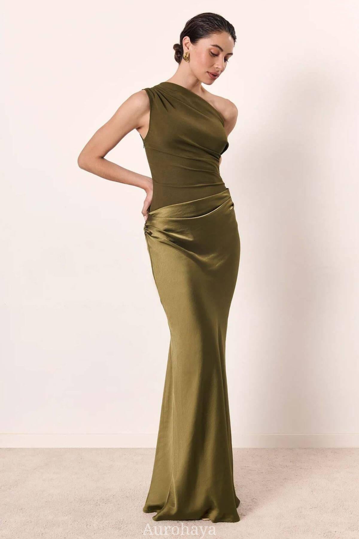Aurohaya Elegant One Shoulder Neck Pleated Maxi Dress