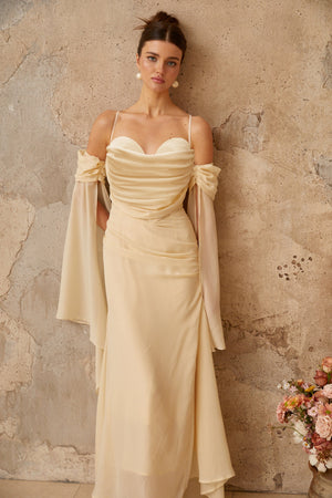 Aurohaya Mélusine Neutral Ruched Chiffon Maxi Dress