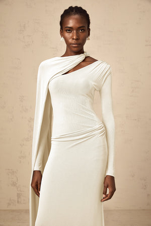 Aurohaya Josette White Diagonal Shawl Fitted Maxi Dress