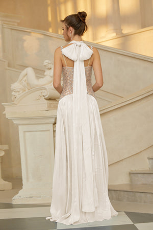 Aurohaya Gwenaëlle White Rhinestone Panel Maxi Dress