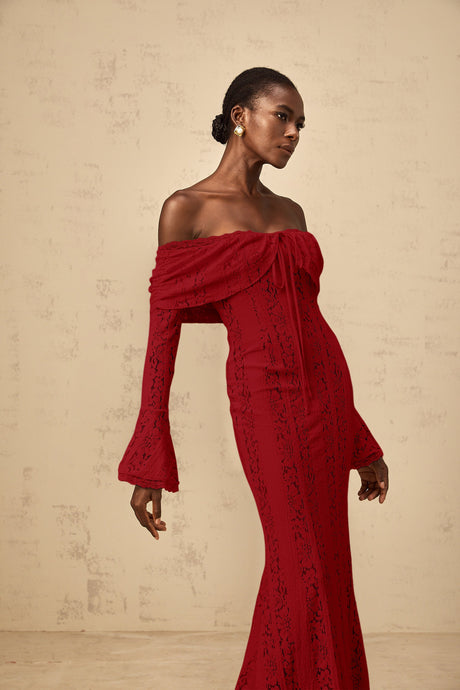 Aurohaya Émeline floral lace train-design maxi dress in Red
