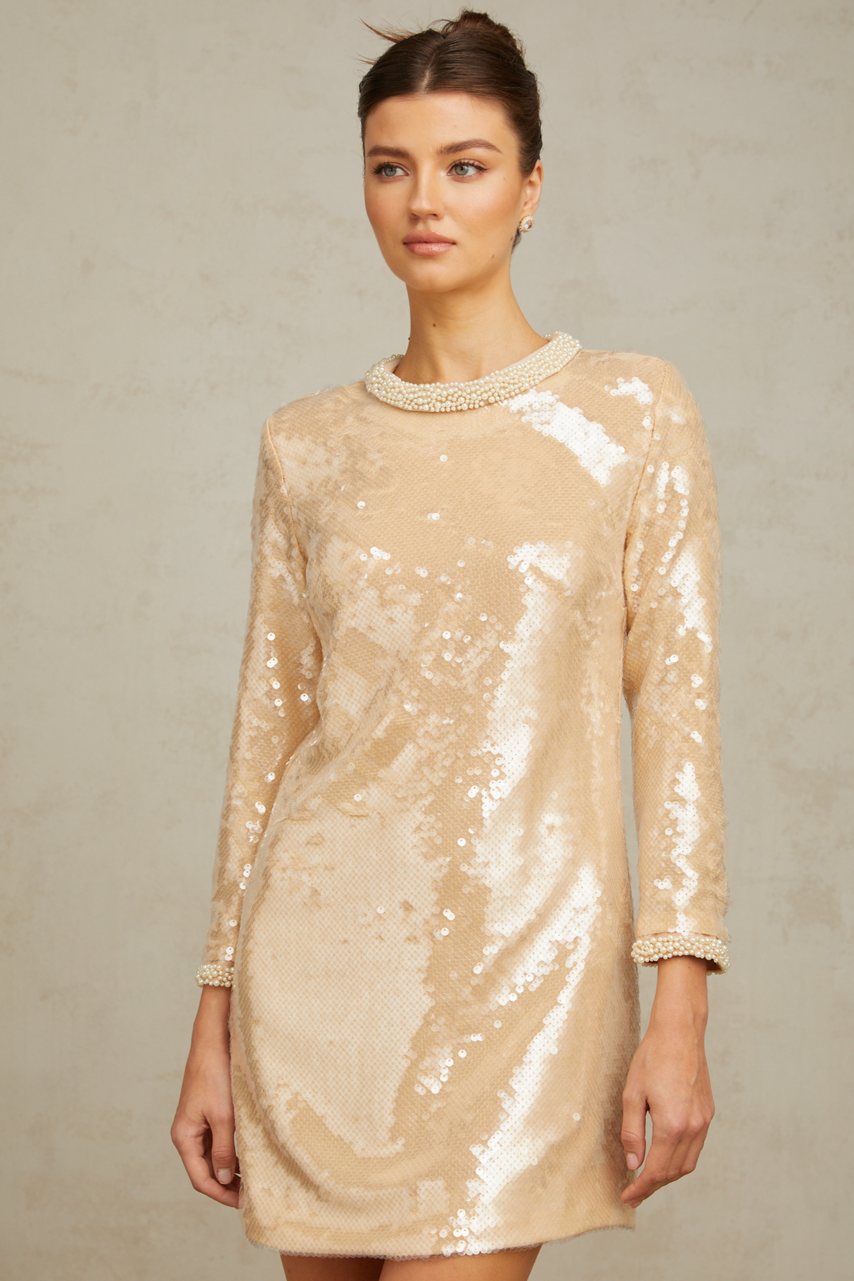 Aurohaya Ornella neutrals faux-pearl sequined mini dress