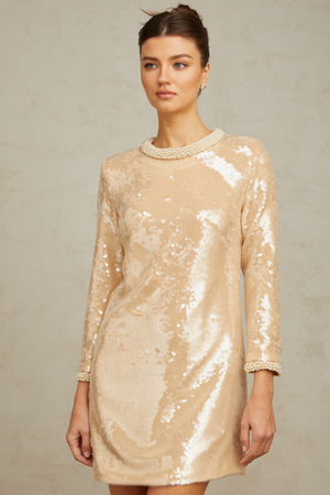 Aurohaya Ornella neutrals faux-pearl sequined mini dress