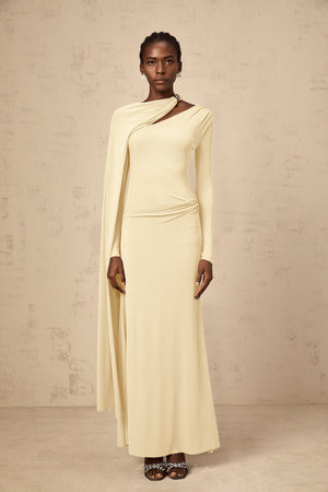 Aurohaya Josette Yellow Diagonal Shawl Fitted Maxi Dress