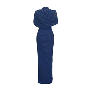 Aurohaya Catherine asymmetrical pleated maxi dress in Navy-blue