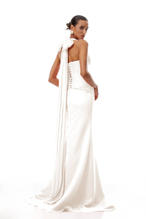 Aurohaya Emmeline White Train Design Gathered Maxi Dress