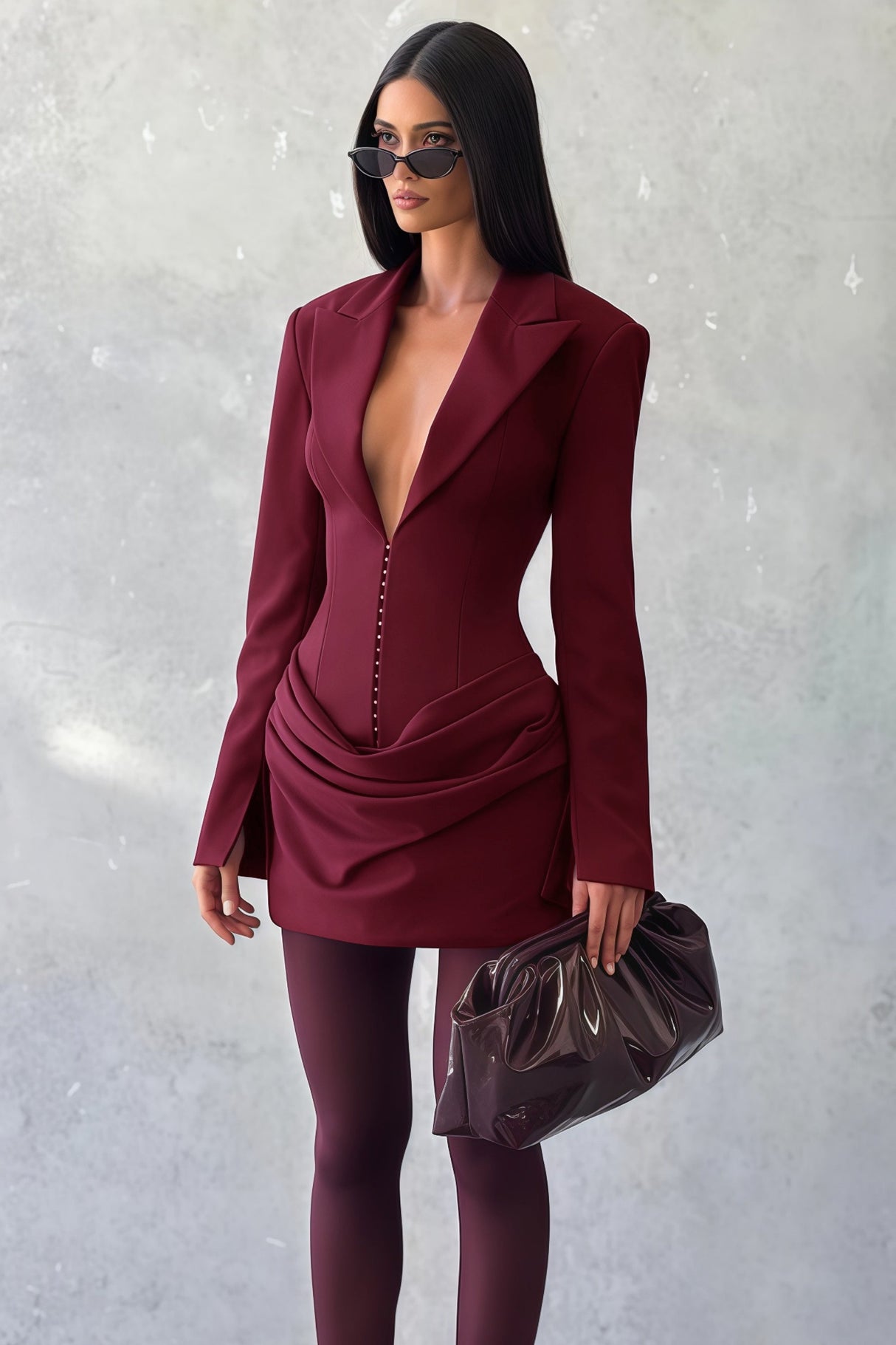 Aurohaya Rosette Burgundy Ruched Blazer Mini Dress