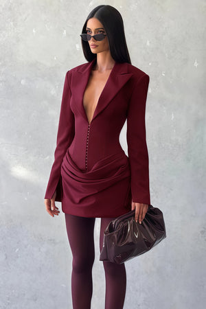Aurohaya Rosette Burgundy Ruched Blazer Mini Dress