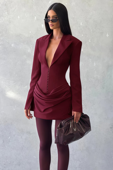 Aurohaya Rosette Burgundy Ruched Blazer Mini Dress