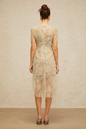 Aurohaya Xaviera mint-green floral-lace midi dress