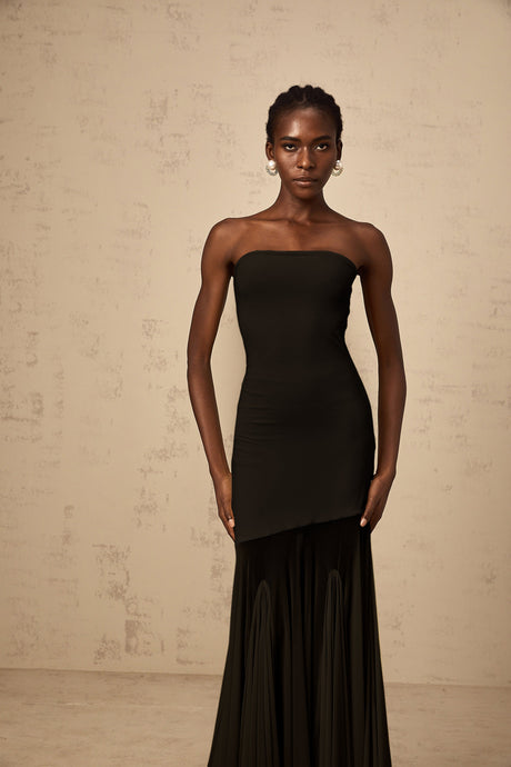 Aurohaya Josiane Black Off-shoulder Sheer Tulle Maxi Dress