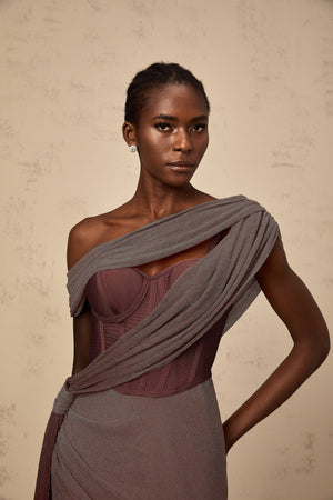 Aurohaya Delphine ribbon-design corset maxi dress in Brown