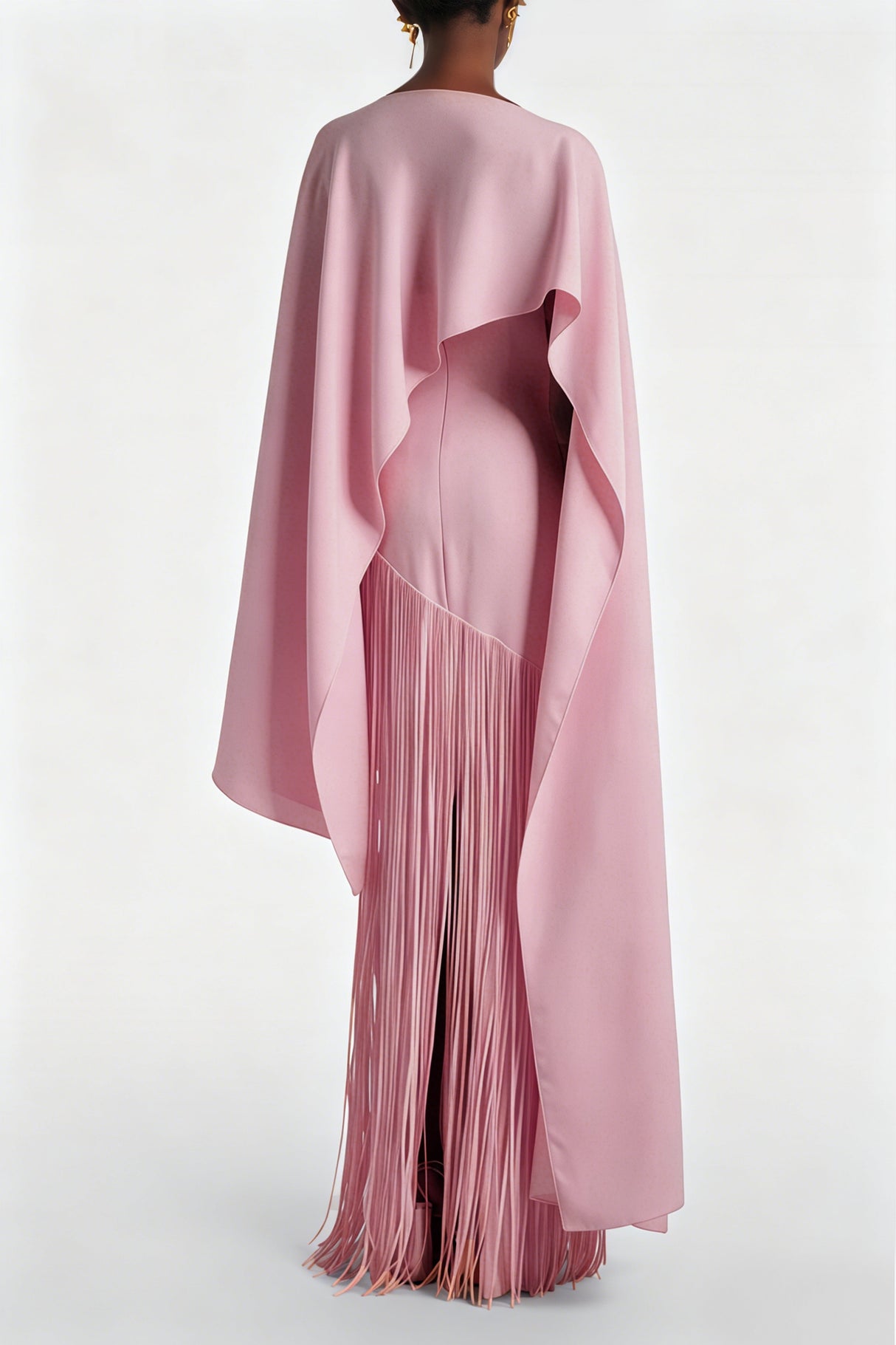 Aurohaya Cayetana Pink Fringe Maxi Dress with Cape Effect