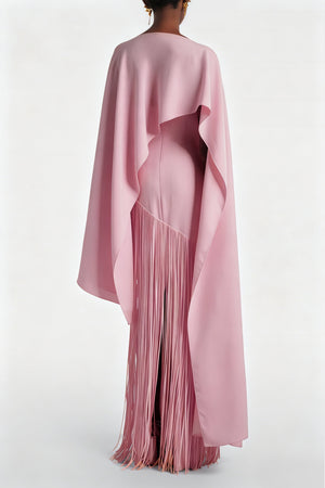 Aurohaya Cayetana Pink Fringe Maxi Dress with Cape Effect