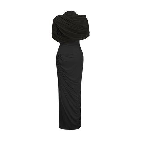 Aurohaya Catherine Black Asymmetrical Pleated Maxi Dress