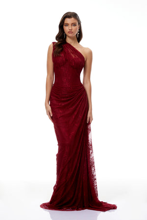 Aurohaya Stefania Ruby Red Floral Lace Maxi Gown