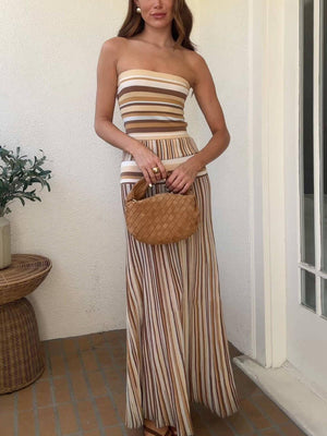 Aurohaya Exquisite Strapless Striped Printed Pleated Maxi Dress Multicolor