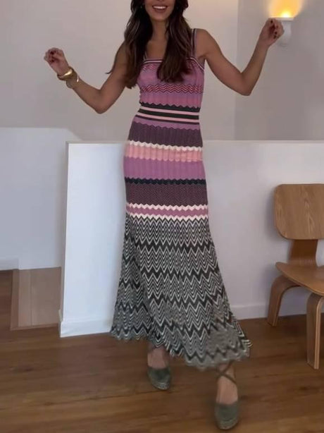 Aurohaya Wavy Pattern Knitted Sling Dress