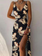 Aurohaya Elegant Unique Printed Spaghetti Strap Pleated Leg Slit Dress Black