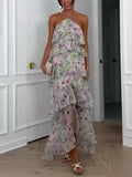 Halter Neck Multi-Layered Ruffle Floral Print Dress