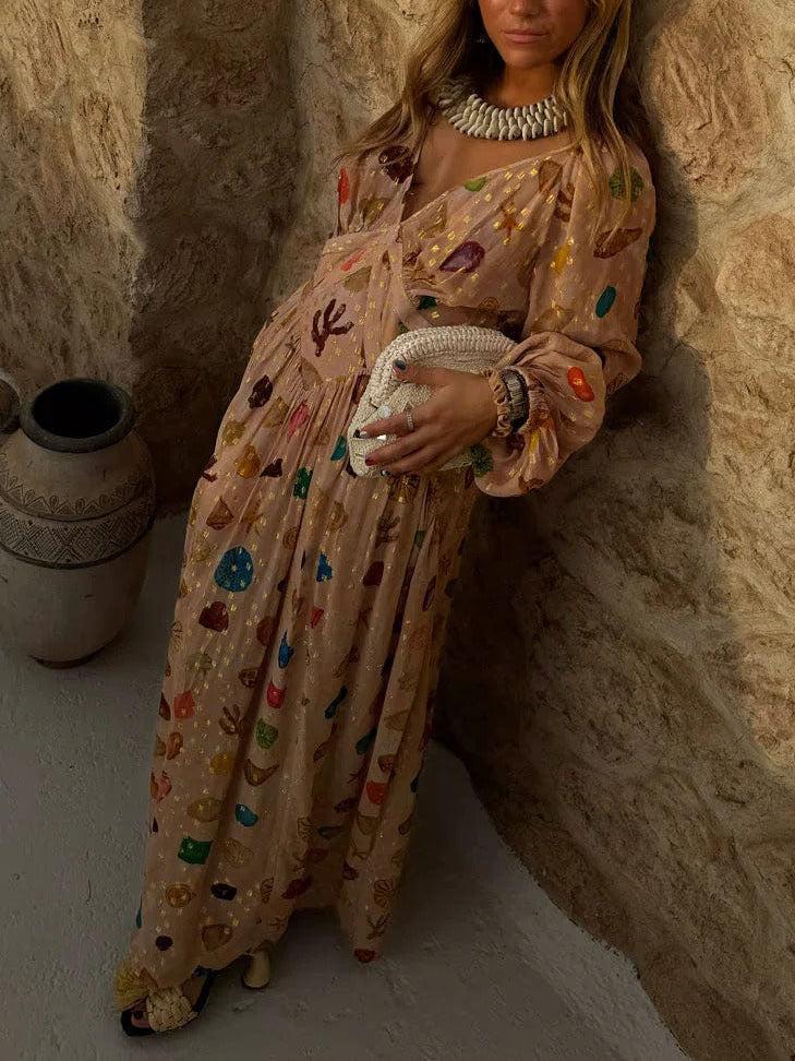 Aurohaya Exquisite Chiffon Shell Print Maxi Dress Khaki