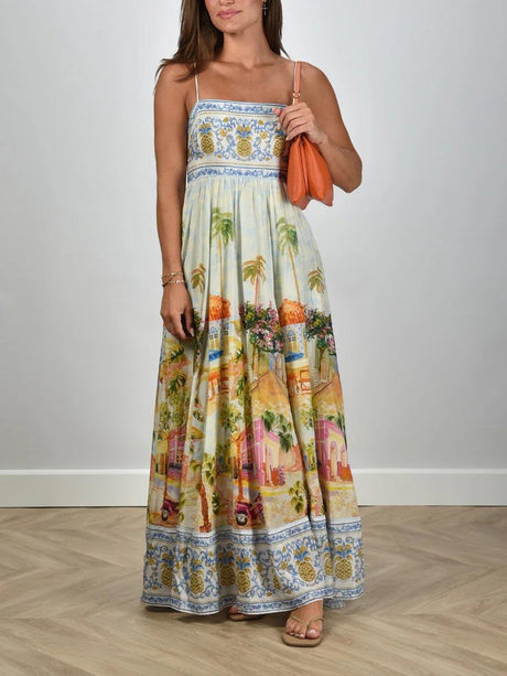 Aurohaya Unique Holiday Painted Print Sling Maxi Dress