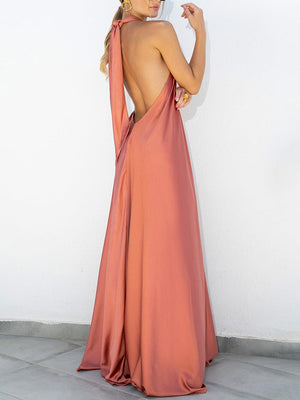 Aurohaya Summer Temperament Satin Halter Swing Gown Dresses