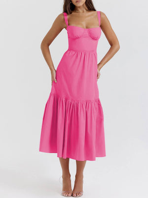 Aurohaya Strap Solid Color A-Hem Midi Dress