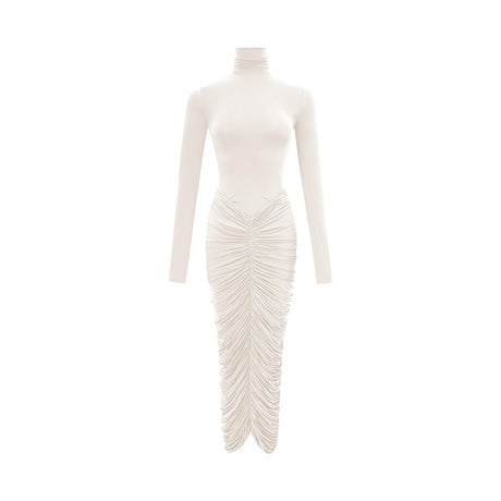 Aurohaya Charitina White Fitted Ruched Midi Dress