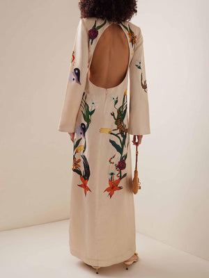 Aurohaya Modern Unique Floral Print Satin Slit Maxi Dress