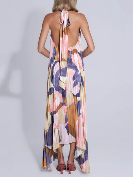 Aurohaya Stylish Pleated Halterneck Strappy Backless Midi Dress