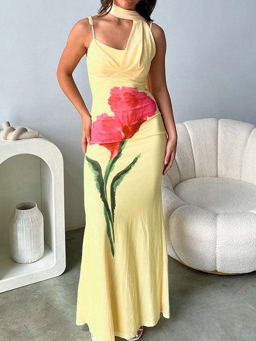 Aurohaya Elegant Painted Flower Print Scarf Ribbon Maxi Dress Yellow