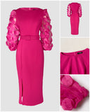 3D Polka Dot Appliques Mesh Lantern Sleeve Zipper Back Slit Work Dress Cinched Waist Slim Fit Mid Length Dress With Belt