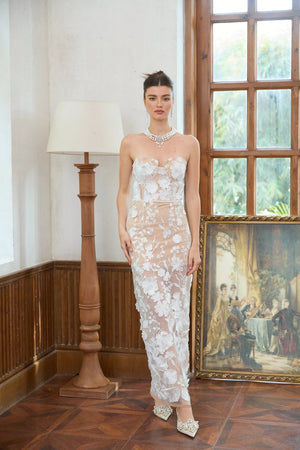 Aurohaya Brigitte White Floral Appliqué Corset Maxi Dress
