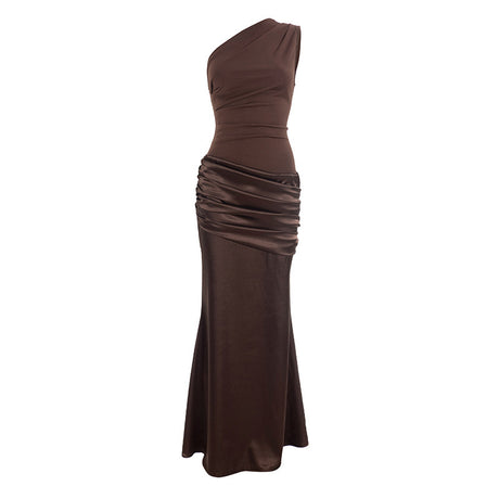 Aurohaya VÉSPER One-Shoulder Draped Satin Maxi Gown