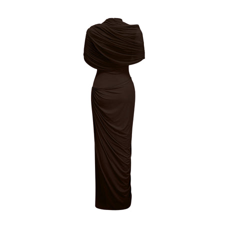 Aurohaya Catherine asymmetrical pleated maxi dress in Brown